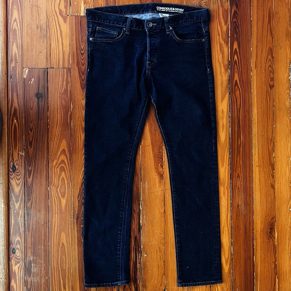 H&M Conscious Slim Low Waist Jeans Men's Dark Wash Stretch Denim 34" Fits‎ 33x30